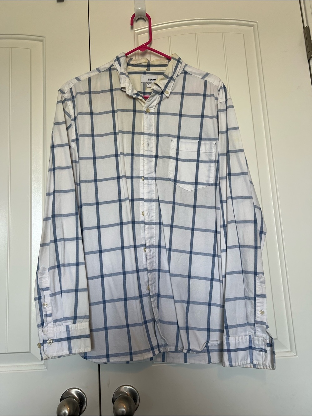 Sonoma Men’s White Button-Down Shirt with Blue Windowpane Check